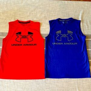 Under Armour Boys Sleeveless Shirts, Red and Blue, Both Size Large